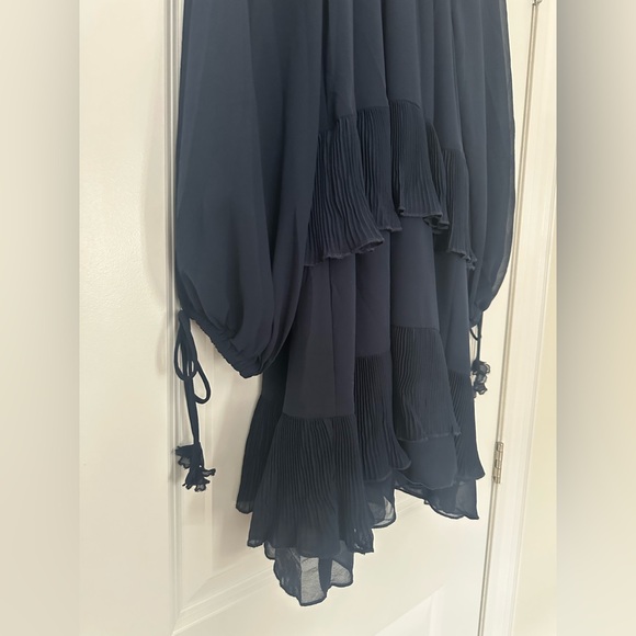 En Saison Navy Pleated Tiered Long Sleeve Mini Dress / Tunic Top XS Ruffle Sheer - Picture 4 of 10